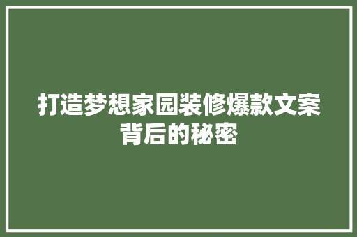 打造梦想家园装修爆款文案背后的秘密